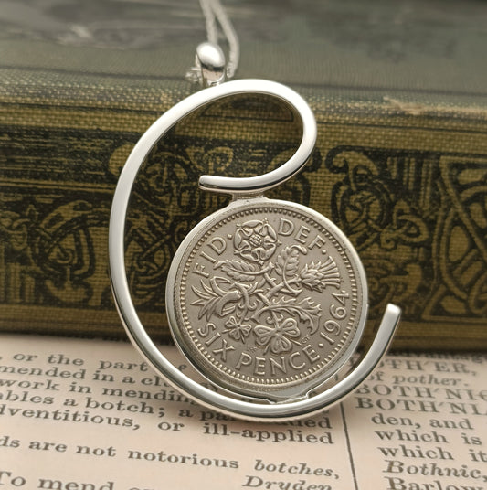 Spiral Pendant with a 1965 Sixpence, 60th birthday gift for women, Silver Spiral necklace for a 60th