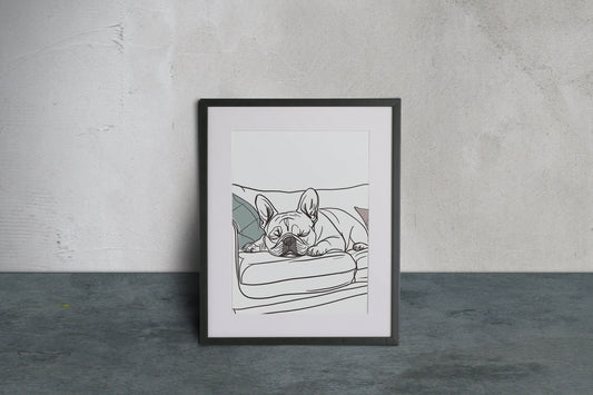 Print of a French Bulldog Asleep on a Sofa, Original Line drawing of a French Bulldog Sleeping