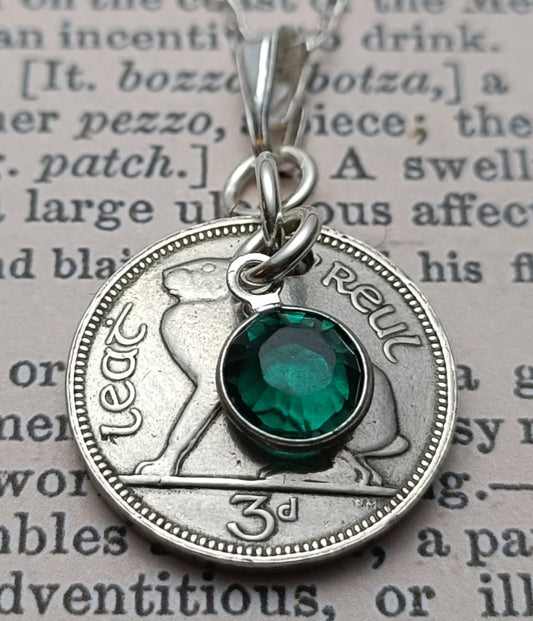 1934 Irish Threepence coin necklace for a 90th birthday, 1934 Irish Necklace and Birthstone, Hare Pendant