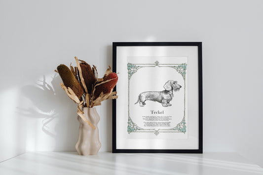 Vintage Style Teckel Print, Illustrated Dog Poem, Antique Style Wire Hair Dachshund Sketch