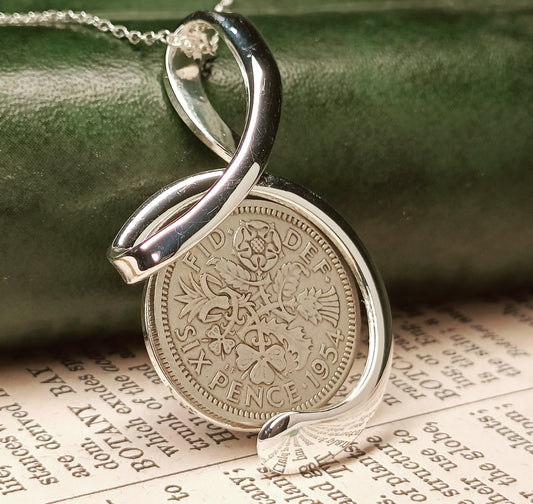 Musical note Pendant with a 1955 Sixpence, 70th birthday gift for women, Birthday gift for grandmother, quaver pendant