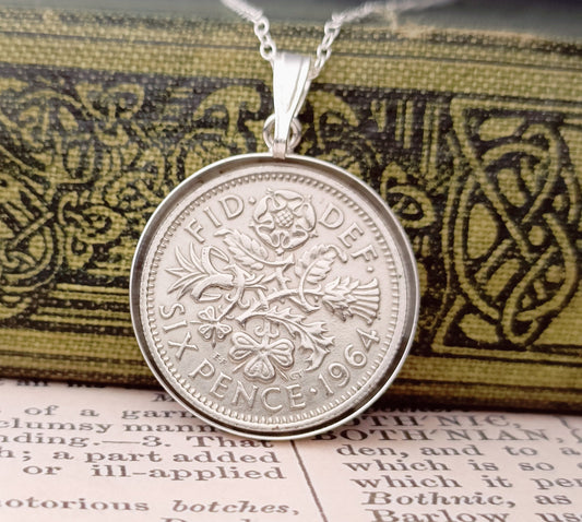 UK vintage coin necklace with a Queen Elizabeth II Sixpence, 60th birthday jewellery gift for women