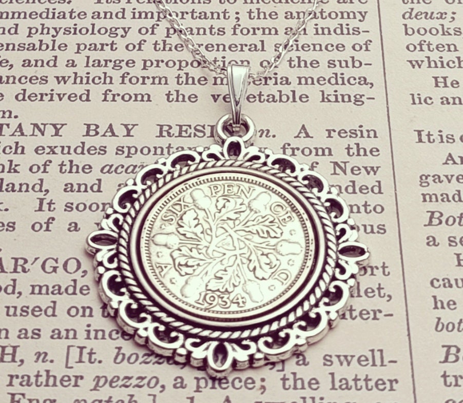 1935 British Sixpence necklace, 90th birthday gift for grandma