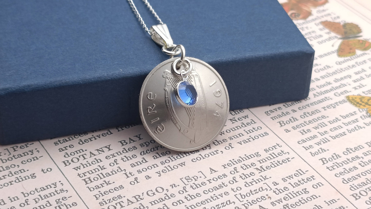 1975 Irish coin necklace for a 50th birthday, 1975 Irish Necklace and Birthstone
