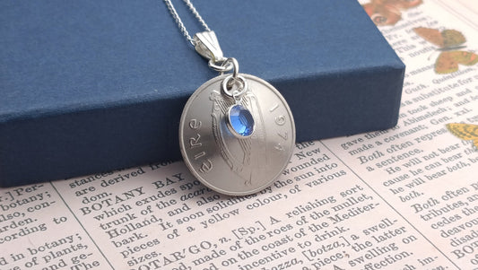 1975 Irish coin necklace for a 50th birthday, 1975 Irish Necklace and Birthstone