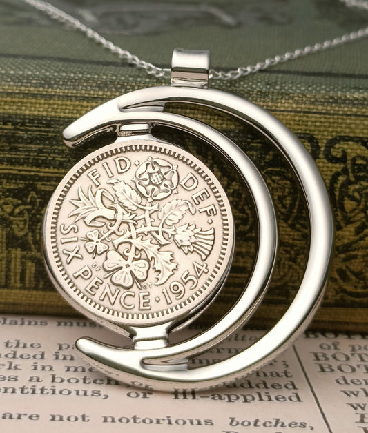 British 1955 Sixpence for a 70th Birthday Present, 70th birthday gift for women, Birthday gift for grandmother, half moon necklace