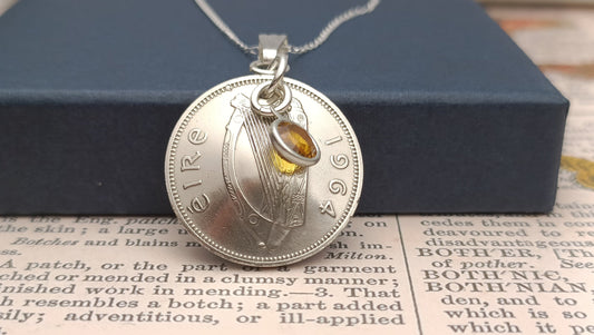 1964 Irish Shilling coin necklace for a 60th birthday, 1964 Irish Necklace and Birthstone