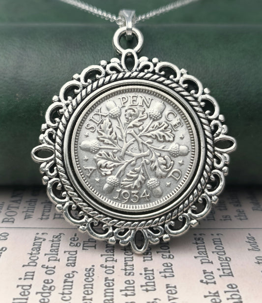 1935 British Sixpence necklace, 90th birthday gift for grandma