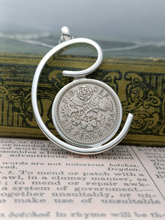 Spiral Pendant with a 1955 Sixpence, 70th birthday gift for women, Birthday gift for grandmother