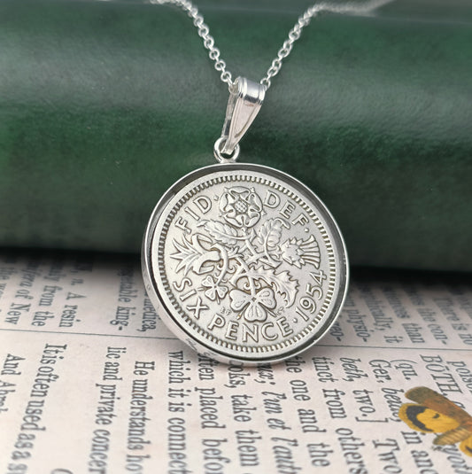UK vintage coin necklace with a 1955 Queen Elizabeth II Sixpence, 70th birthday jewellery gift for women