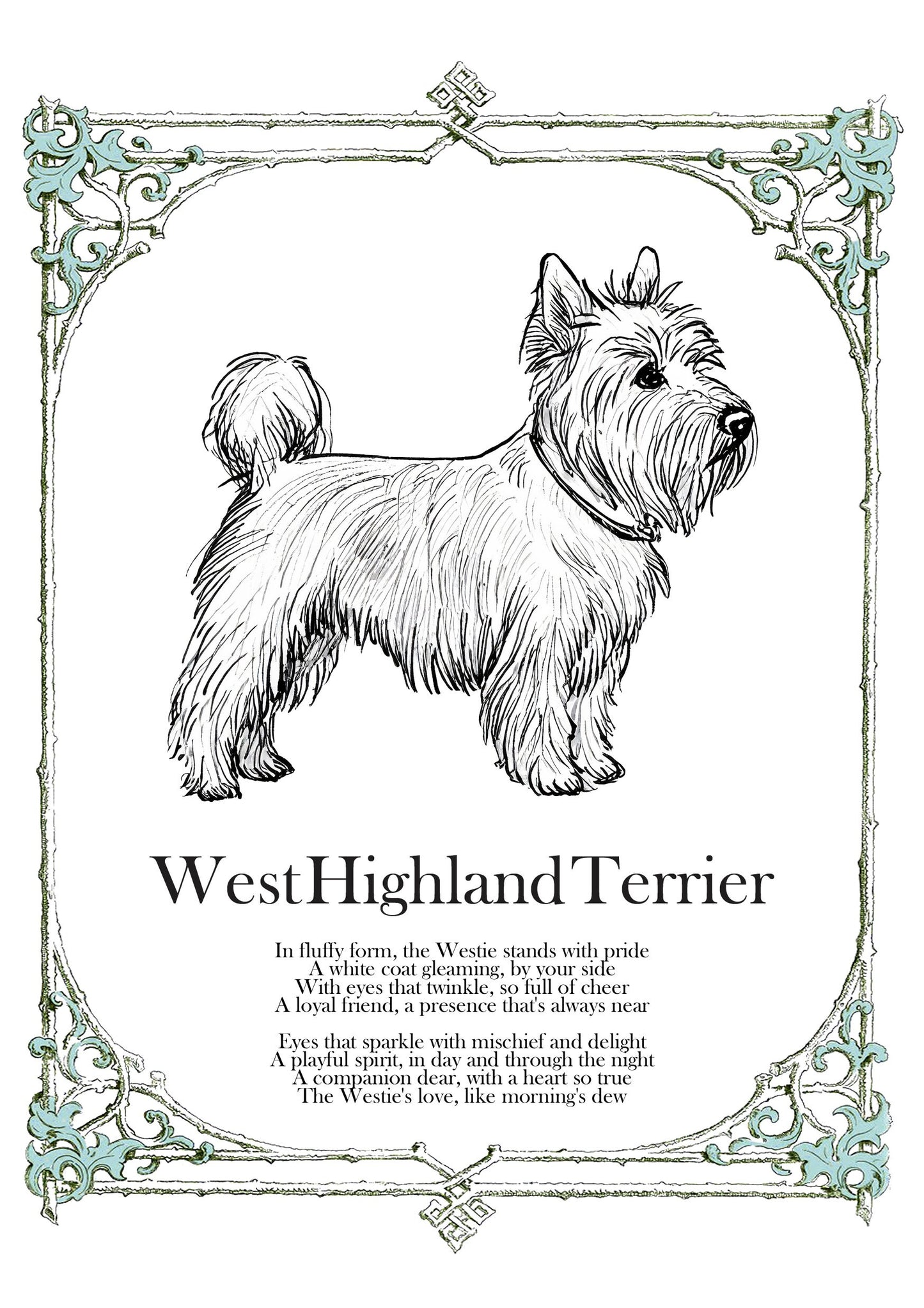 West Highland Terrier Print, Illustrated Dog Poem, Antique Style Westie Sketch