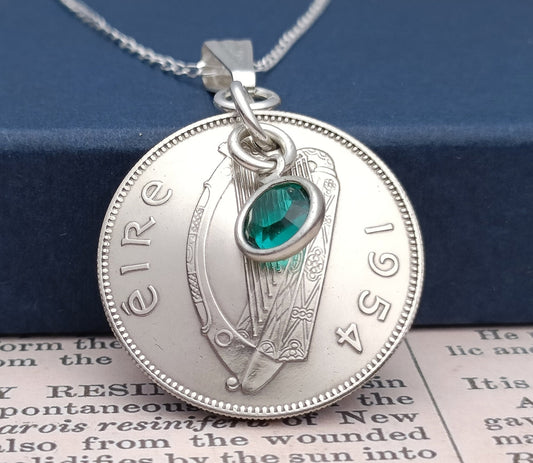 1955 Irish Shilling coin necklace for a 70th birthday, 1955 Irish Necklace and Birthstone