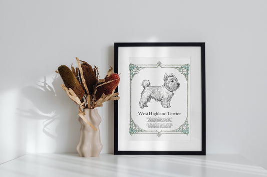 West Highland Terrier Print, Illustrated Dog Poem, Antique Style Westie Sketch