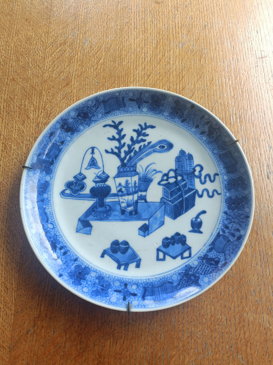 Chinese Qing Dynasty blue & white plate, ‘precious objects’, c.1820